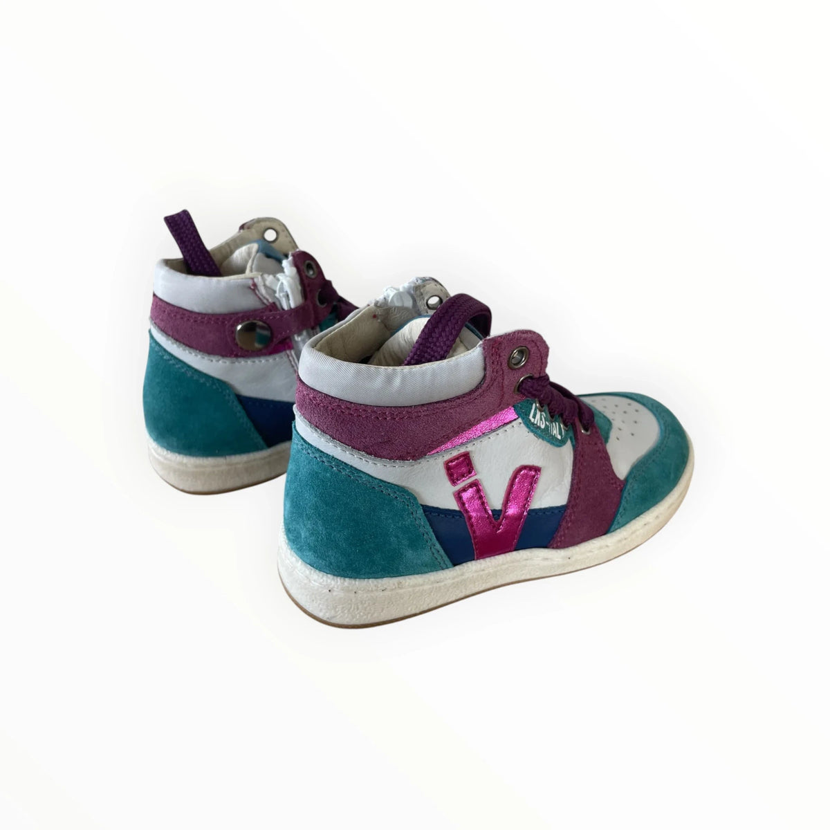Pierrot Outlet Lelli Kelly high-top sneakers voor kinderen in wit, blauw, turquoise en roze leer en suède.