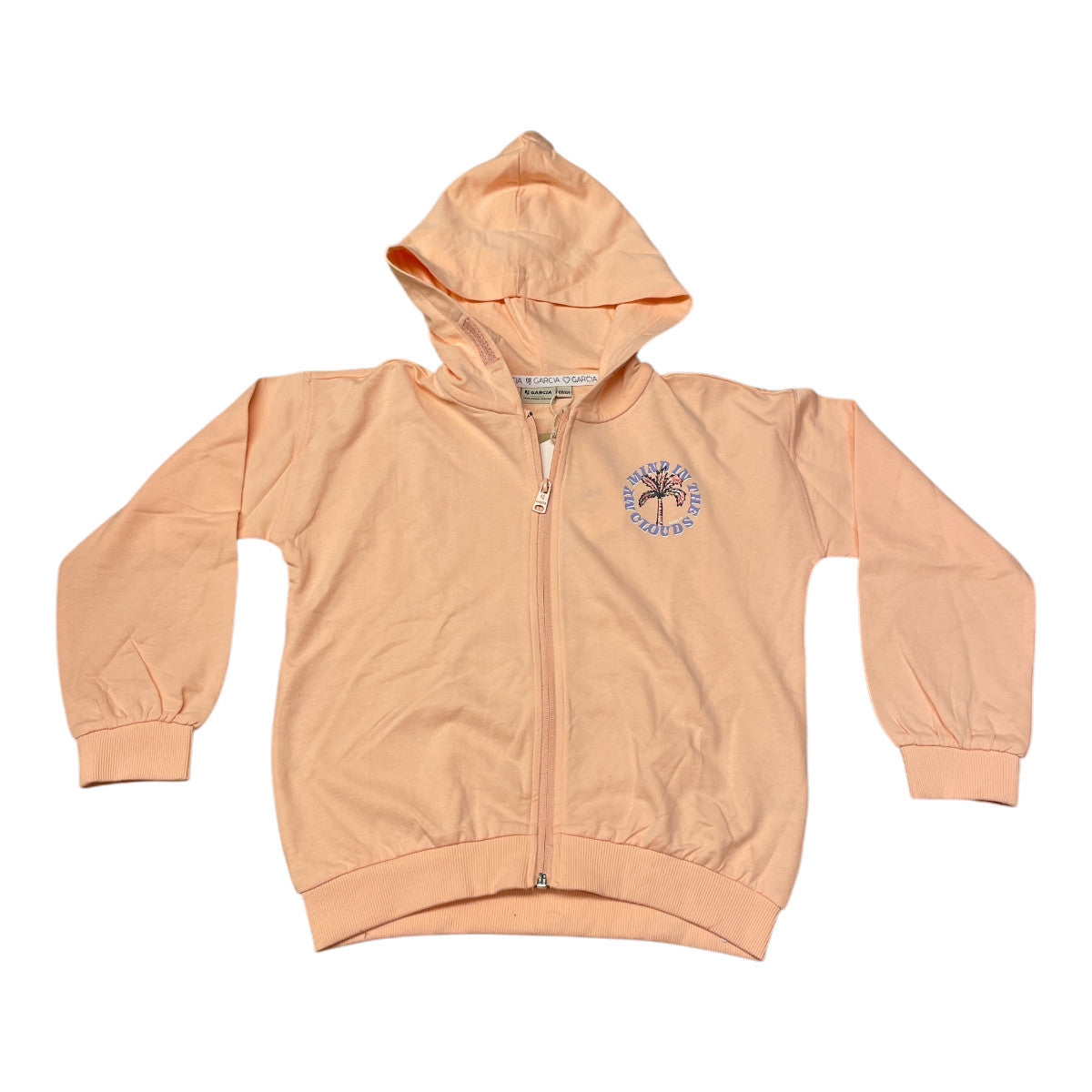 Pierrot Outlet zachte perzikkleurige katoenen kinder hoodie met rits en capuchon, geborduurd palmboomdetail.