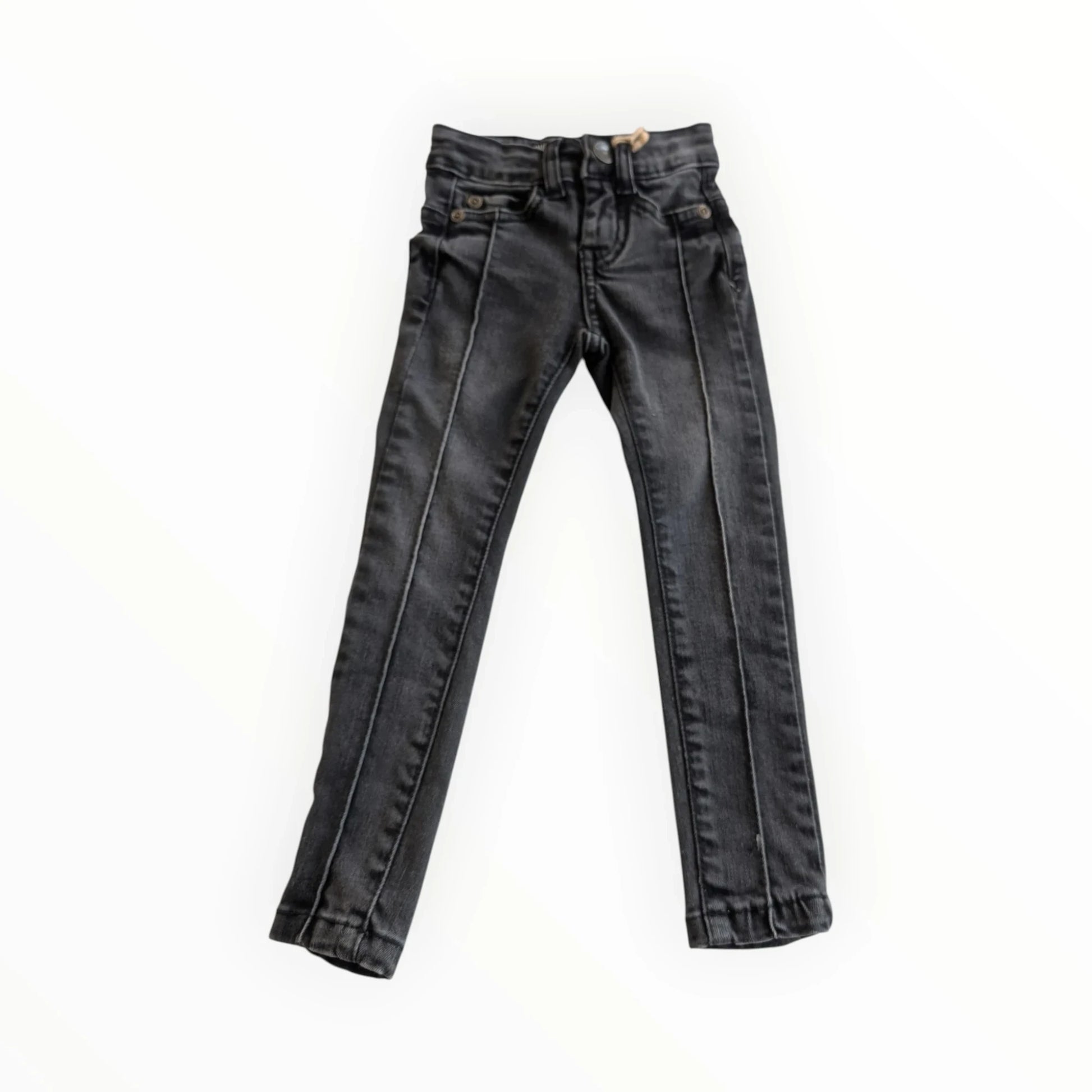 Pierrot Outlet Kinder skinny jeans in donkergrijs denim met verstelbare tailleband en vijf zakken.