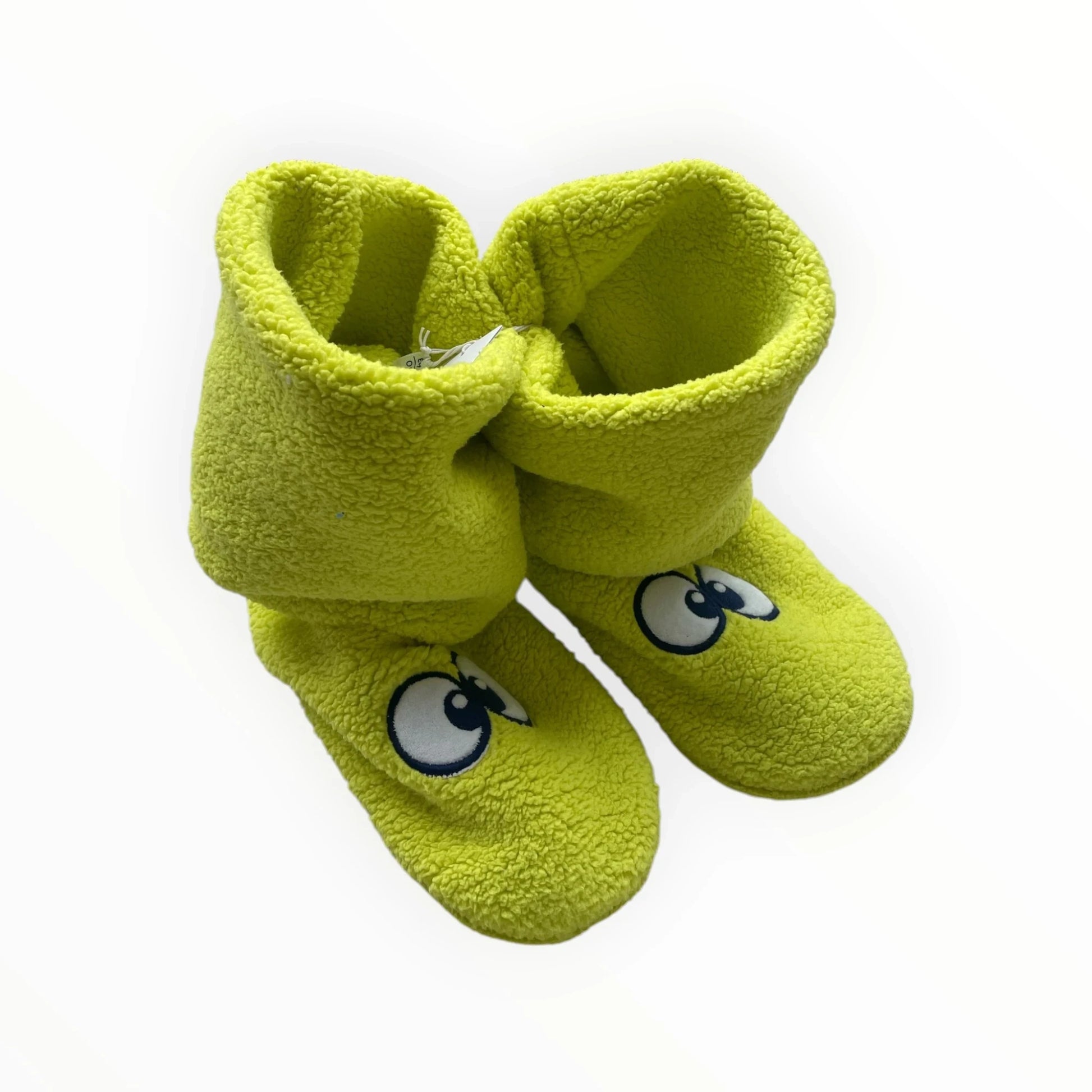 Pierrot Outlet kinder pantoffels in limoengroen fleece met cartoonogen en hoge schacht.