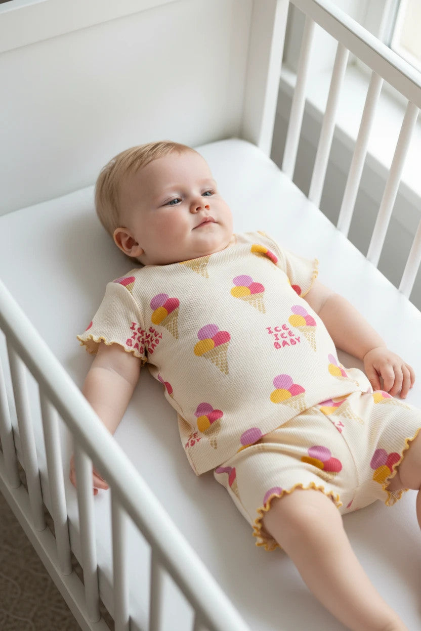 Pierrot Outlet kinder pyjamaset met ijshoorntjesprint, biologisch katoen, korte mouwen en ruches
