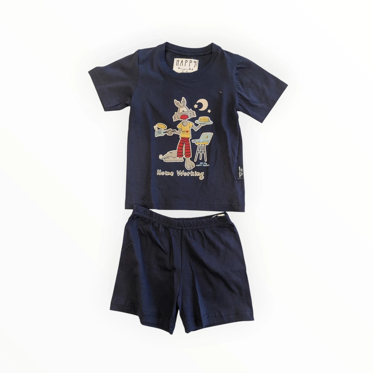 Pierrot Outlet donkerblauw katoenen pyjamaset met korte broek en T-shirt met konijnenprint. Comfortabel nachtkleding.