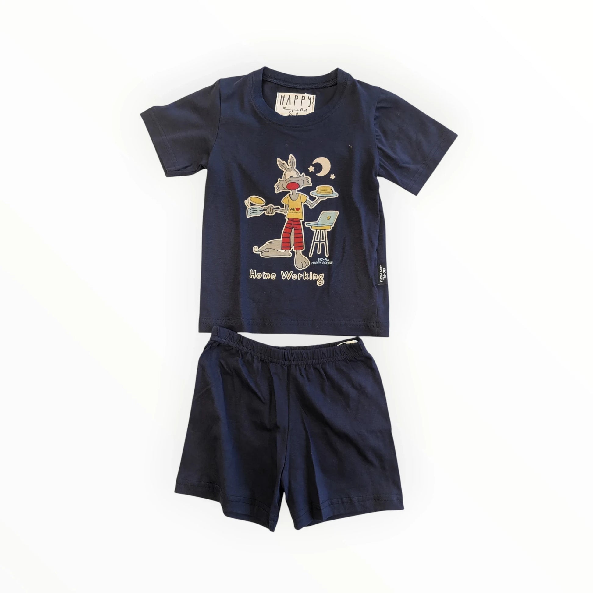Pierrot Outlet donkerblauw katoenen pyjamaset met korte broek en T-shirt met konijnenprint. Comfortabel nachtkleding.