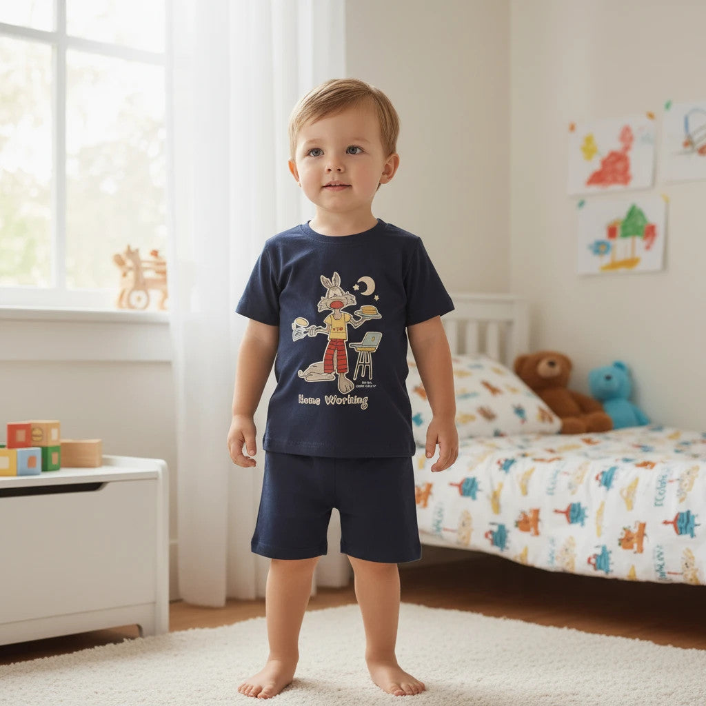 Pierrot Outlet donkerblauw katoenen pyjamaset voor kinderen met konijnenprint op shirt en korte broek.