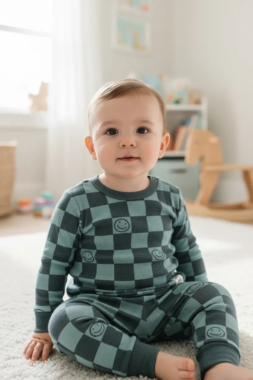 Pierrot Outlet baby pyjamaset met ruitjesprint en lachende gezichtjes, blauwgroen, lange mouwen en broek.