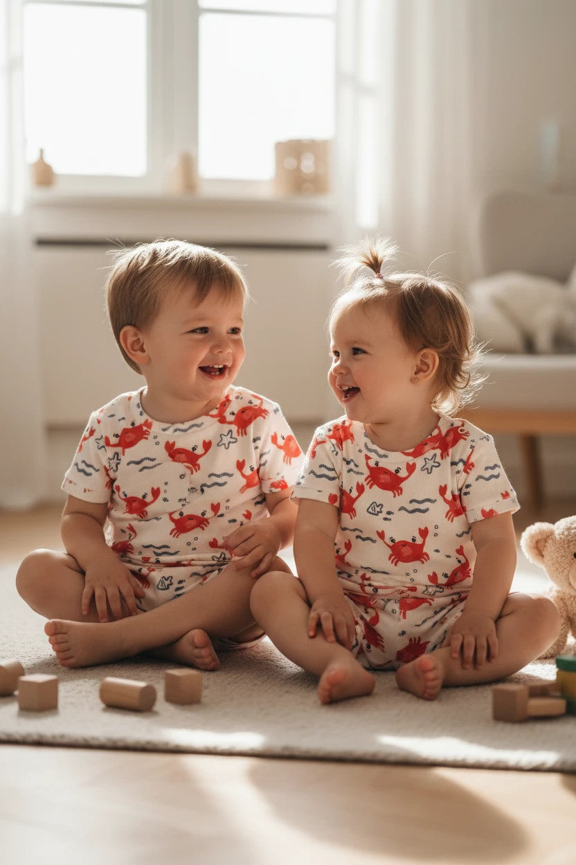 Pierrot Outlet kinder pyjamaset met krabbenprint, katoen, wit met rode krabben en blauwe golven. Twee kinderen zittend.