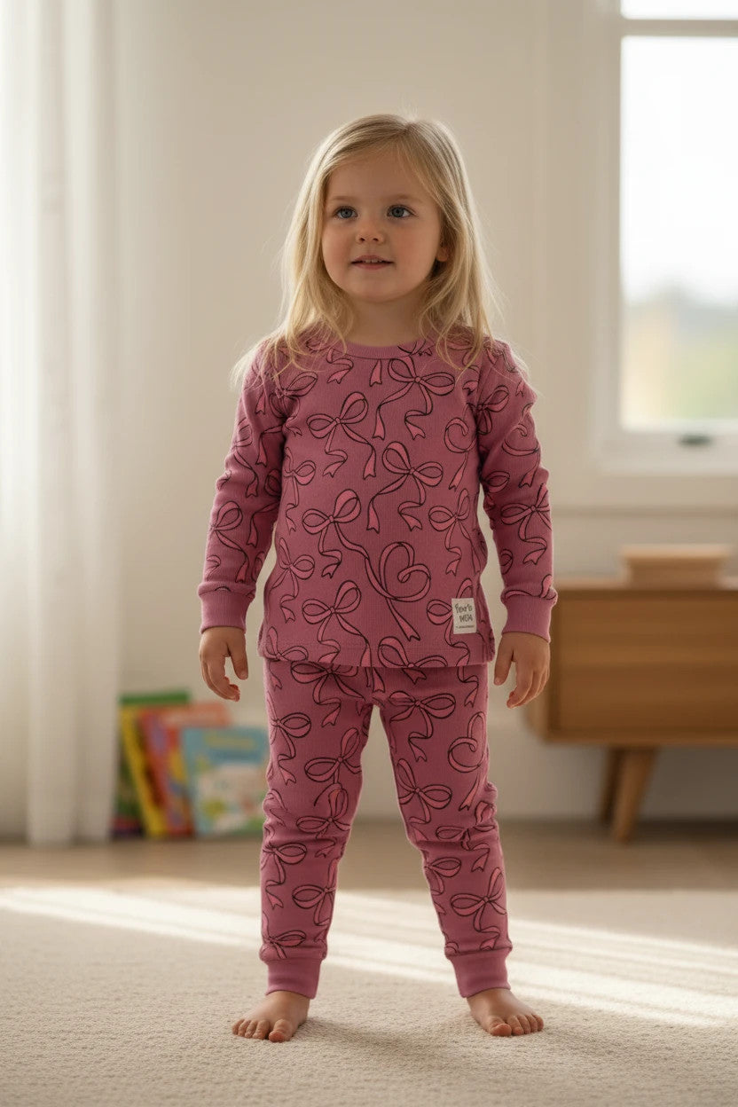 Pierrot Outlet roze katoenen pyjamaset met strikjesprint voor kinderen, lange mouwen en elastische tailleband.