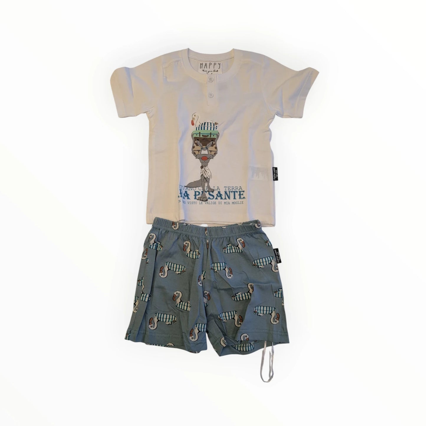 Pierrot Outlet kinder pyjamaset met korte broek en T-shirt in katoen met teckelprint. Off-white T-shirt met print, lichtblauwe short met teckels.