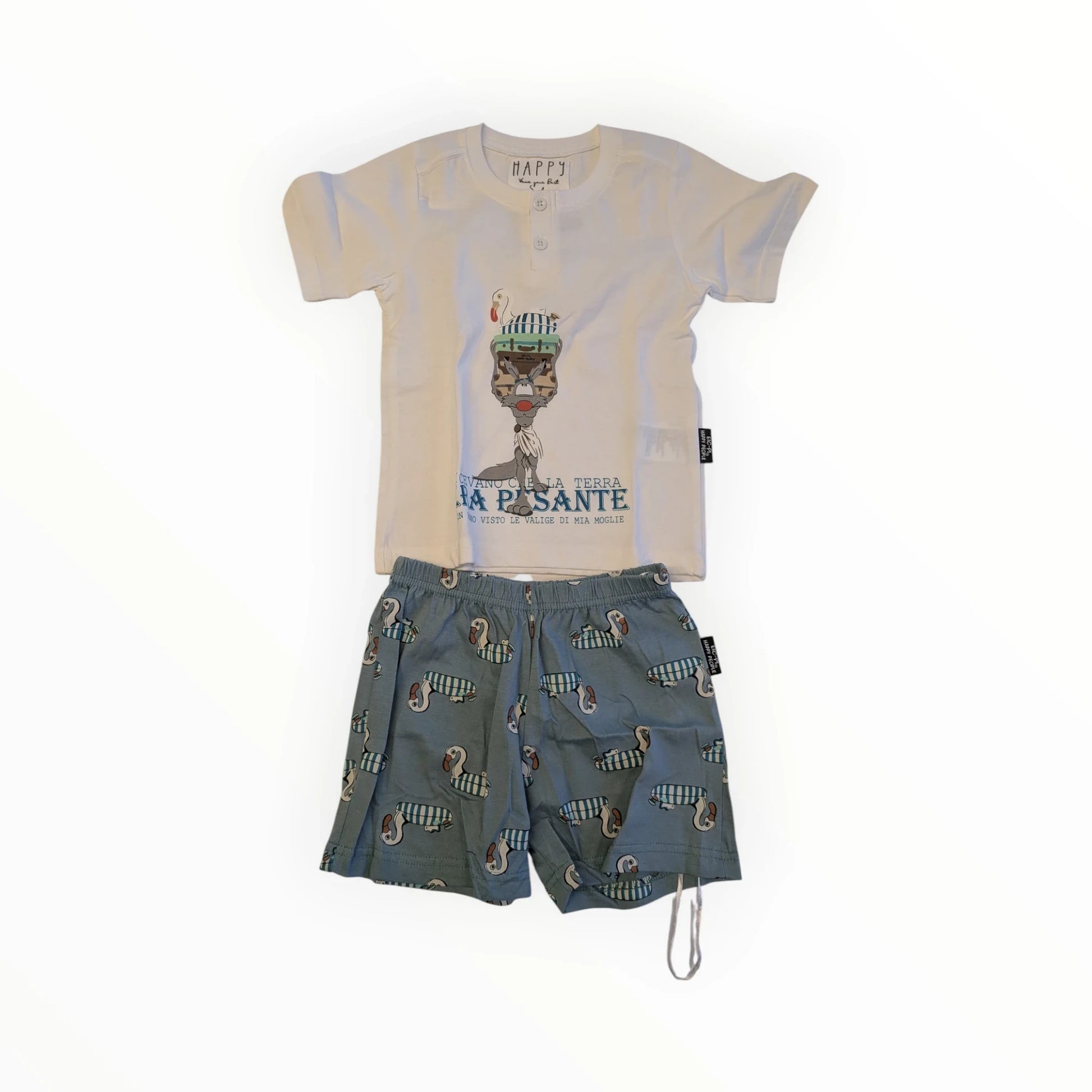 Pierrot Outlet kinder pyjamaset met korte broek en T-shirt in katoen met teckelprint. Off-white T-shirt met print, lichtblauwe short met teckels.