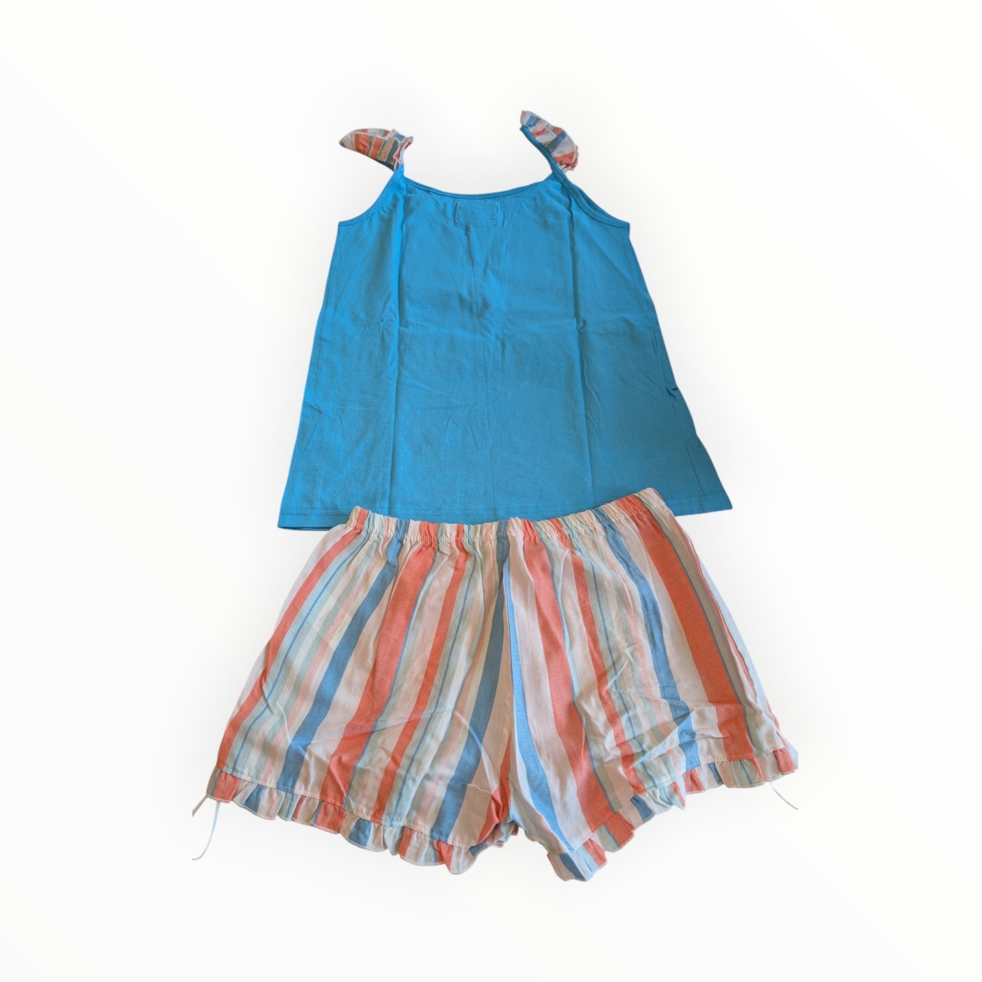 Pierrot Outlet zomerse pyjamaset voor kinderen met blauw hemdje met ruches en gestreept broekje met ruches