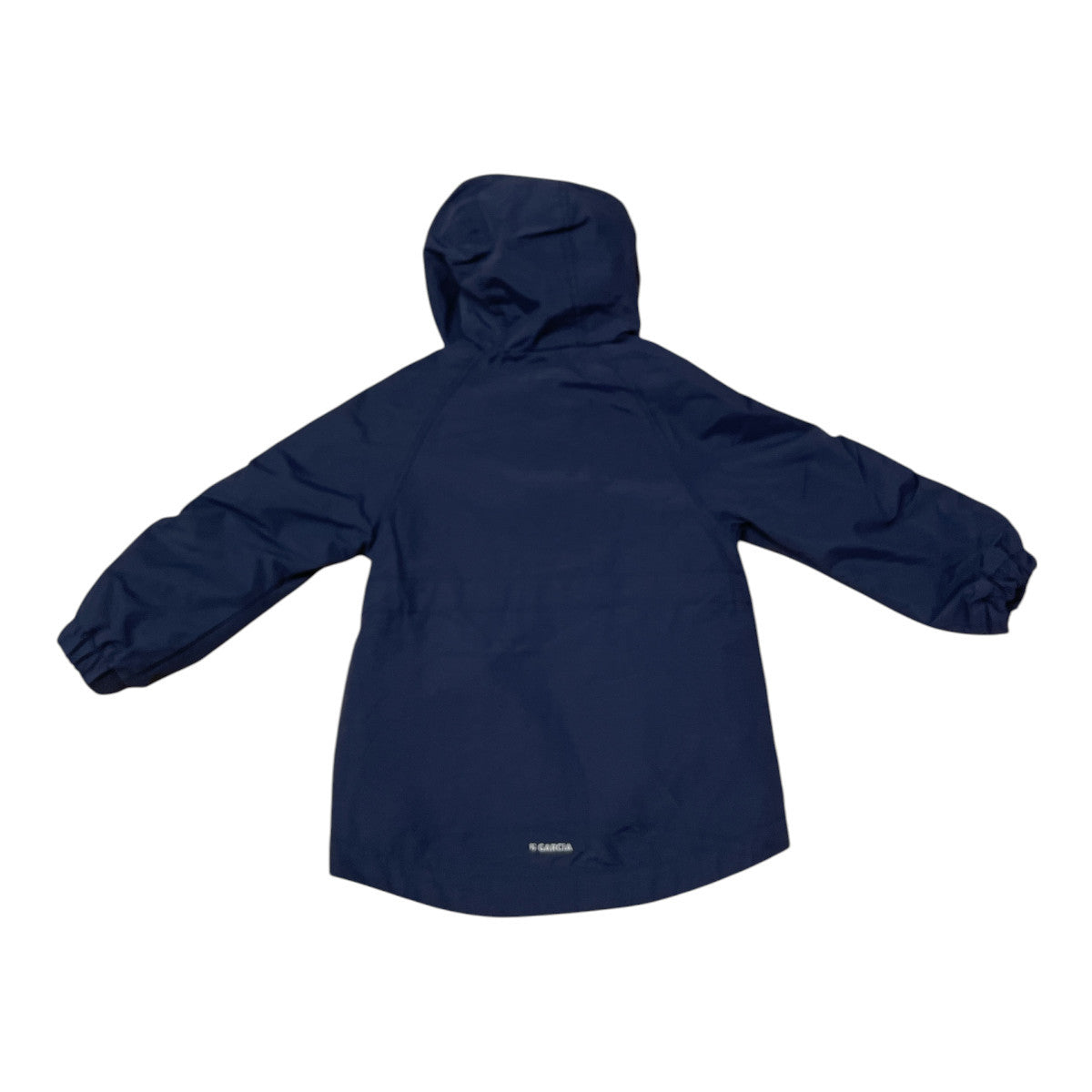 Pierrot Outlet marineblauwe waterdichte kinder regenjas met capuchon en elastische manchetten.