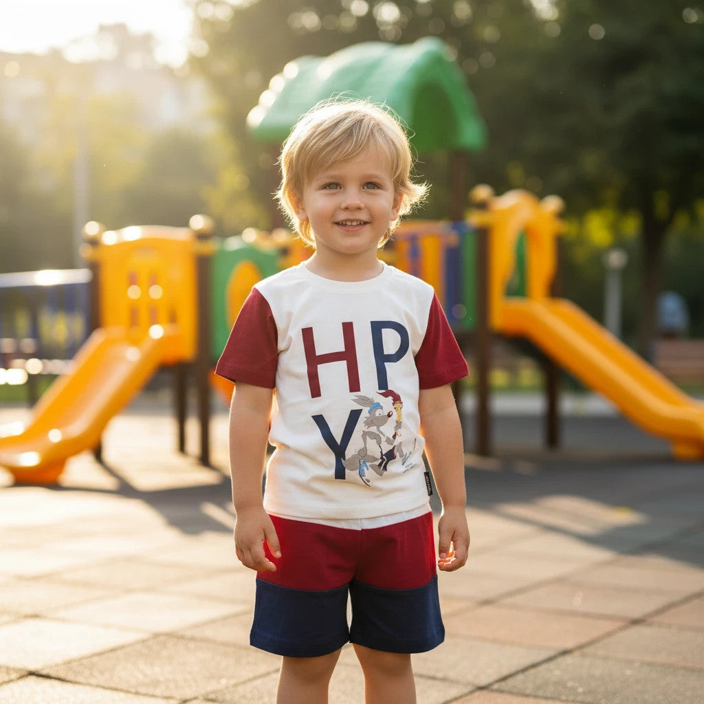 Pierrot Outlet jongen set met wit T-shirt, rode mouwen, 'HPY' print en cartoonafbeelding, en een colorblock short in rood, wit en marineblauw.
