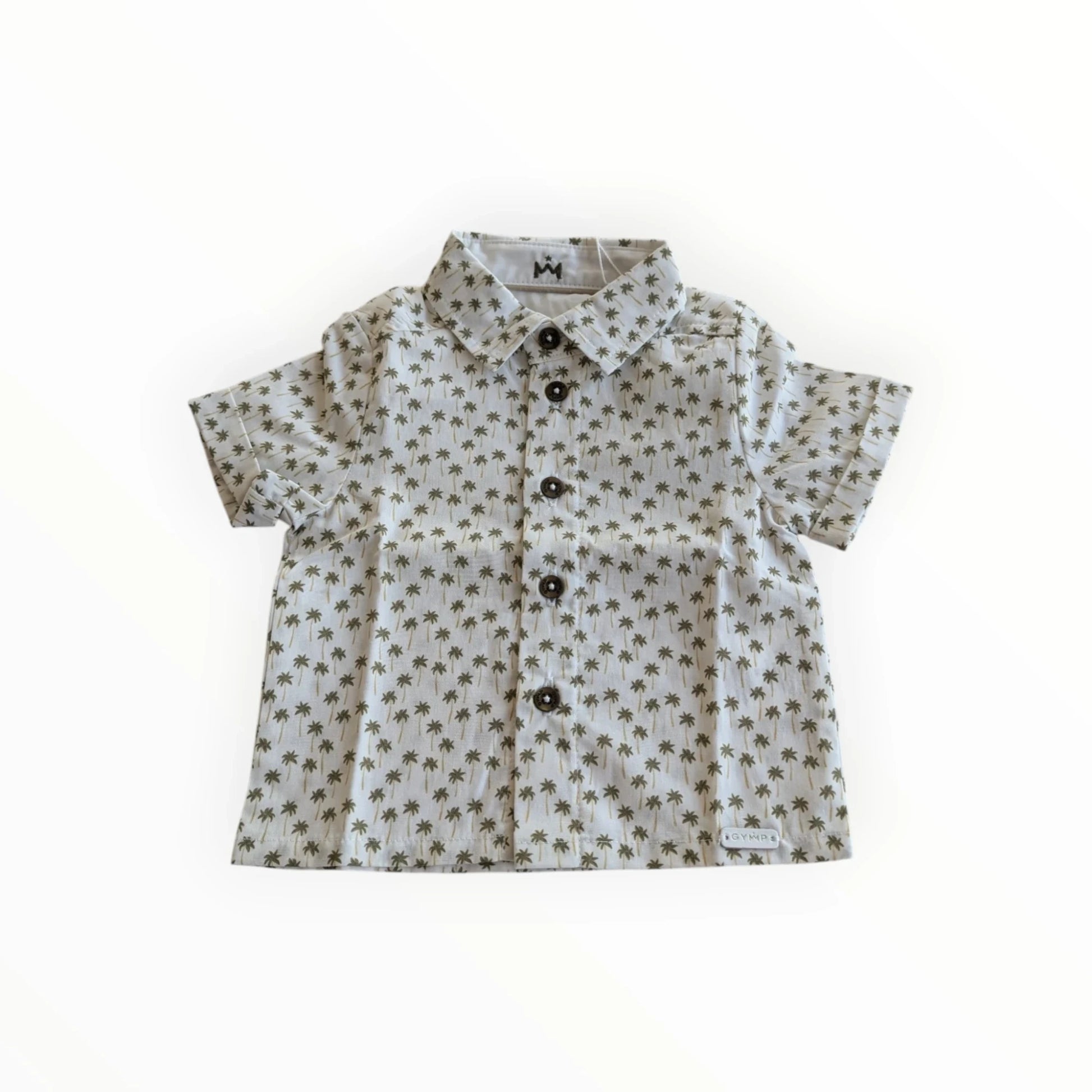 Pierrot Outlet kinder shirt met korte mouwen en palmboomprint, lichtgrijs met donkergroene palmbomen.