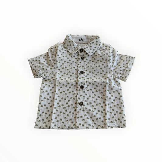 Pierrot Outlet kinder shirt met korte mouwen en palmboomprint, lichtgrijs met donkergroene palmbomen.