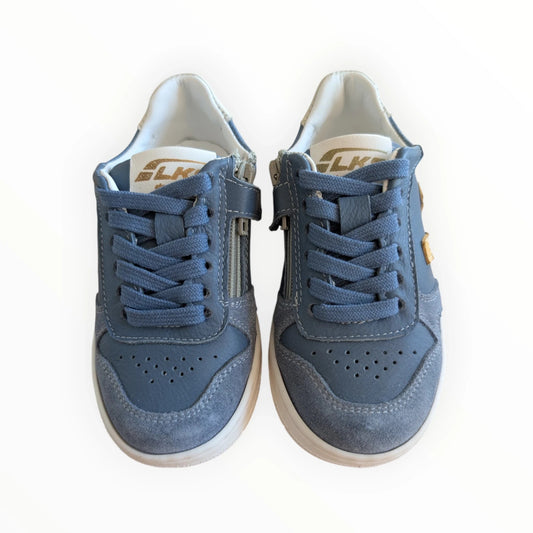 Pierrot Outlet blauwe leren en suède sneakers voor kinderen met rits en veters, gele details