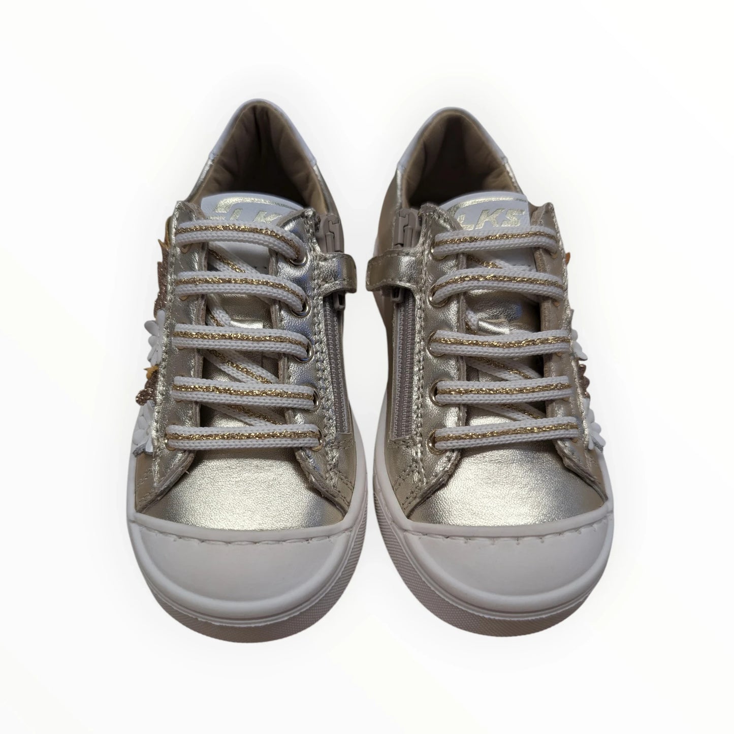 Pierrot Outlet gouden sneakers voor kinderen met rits en veters, bloemendecoratie en witte zool.
