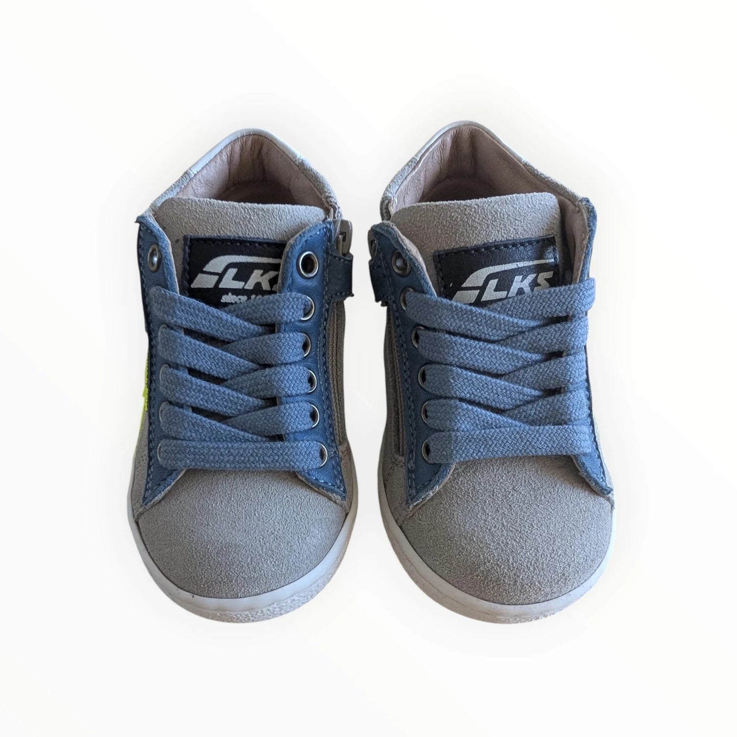 Pierrot Outlet grijze en blauwe suède kindersneakers met rits en limegroene accenten