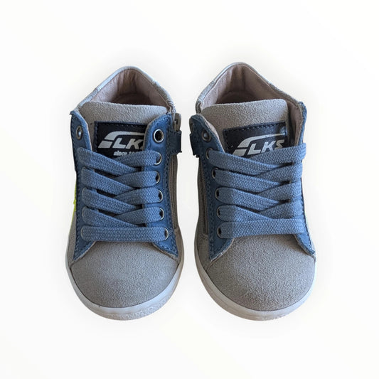 Pierrot Outlet grijze en blauwe suède kindersneakers met rits en limegroene accenten