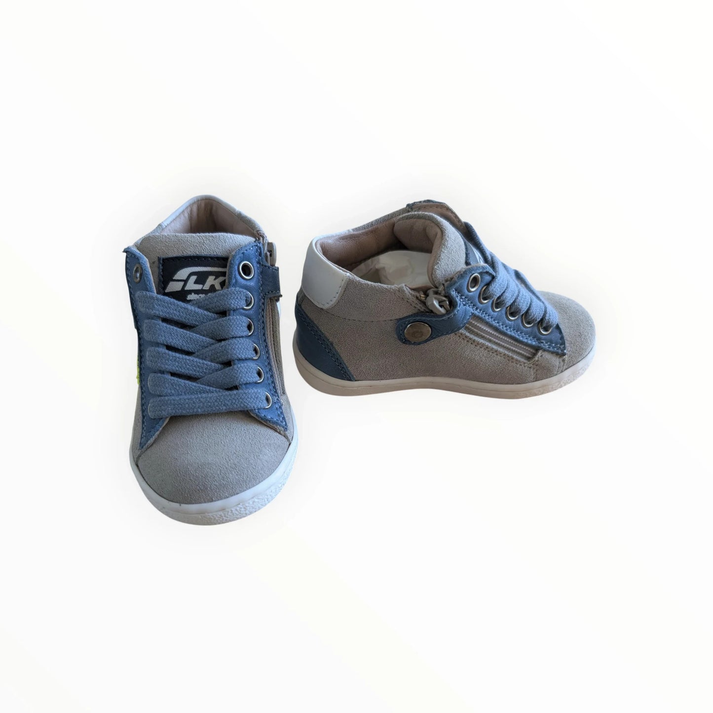 Pierrot Outlet grijze en blauwe suède kindersneakers met rits en limegroene accenten