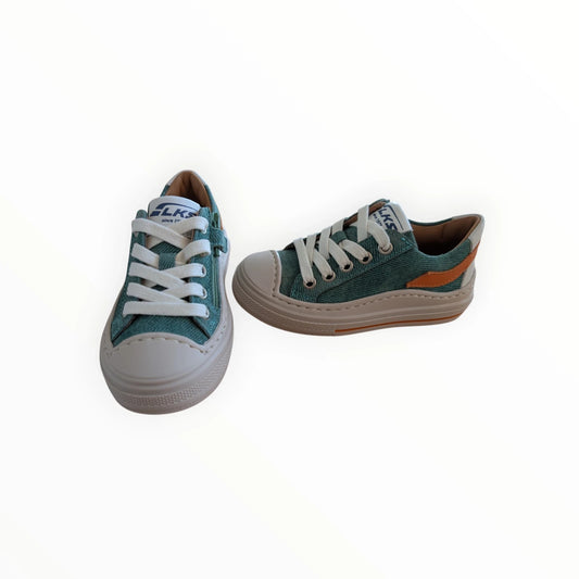 Pierrot Outlet groene denim sneakers voor kinderen met oranje accenten, vetersluiting en ritssluiting.
