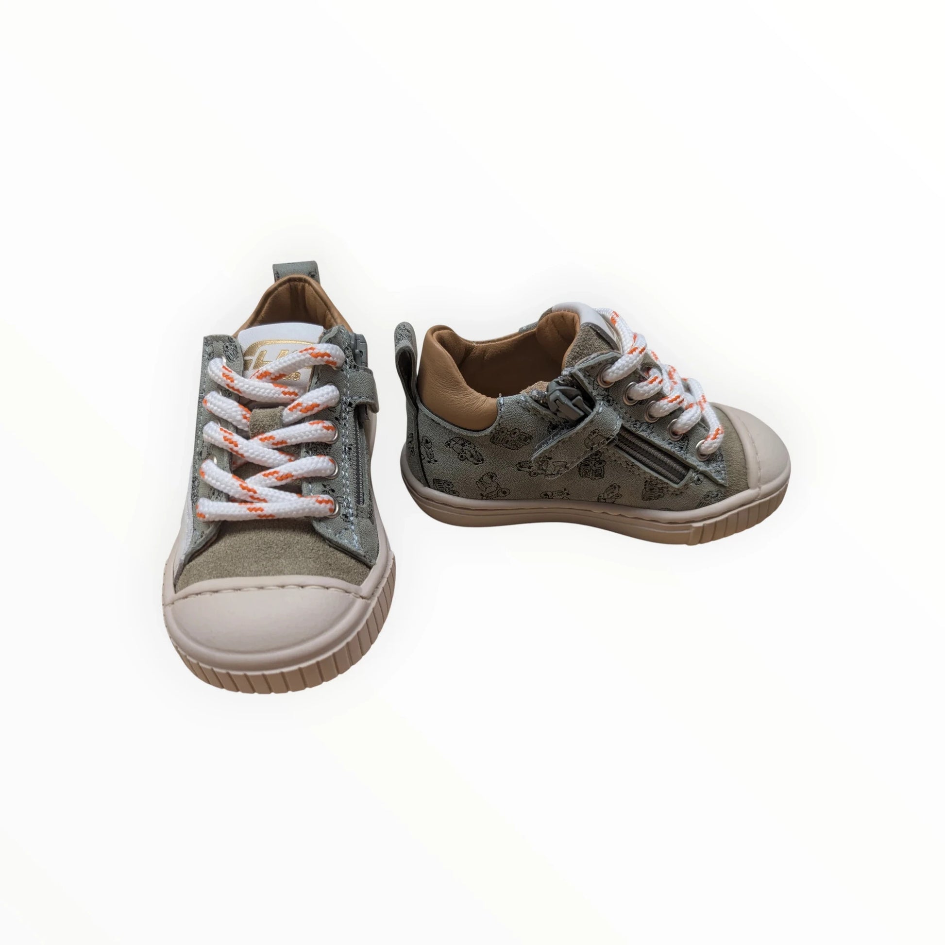 Pierrot Outlet olijfgroene suède en textiel kindersneakers met rits, veters en print