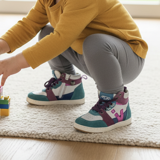 Kind speelt met blokken en draagt Pierrot Outlet high-top sneakers in wit, blauw, turquoise en roze suède en leer