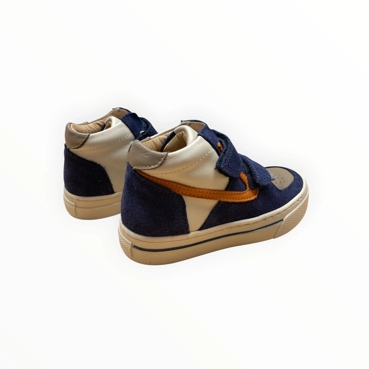 Pierrot Outlet halfhoge kindersneakers in blauw, beige en okergeel suède met klittenbandsluiting