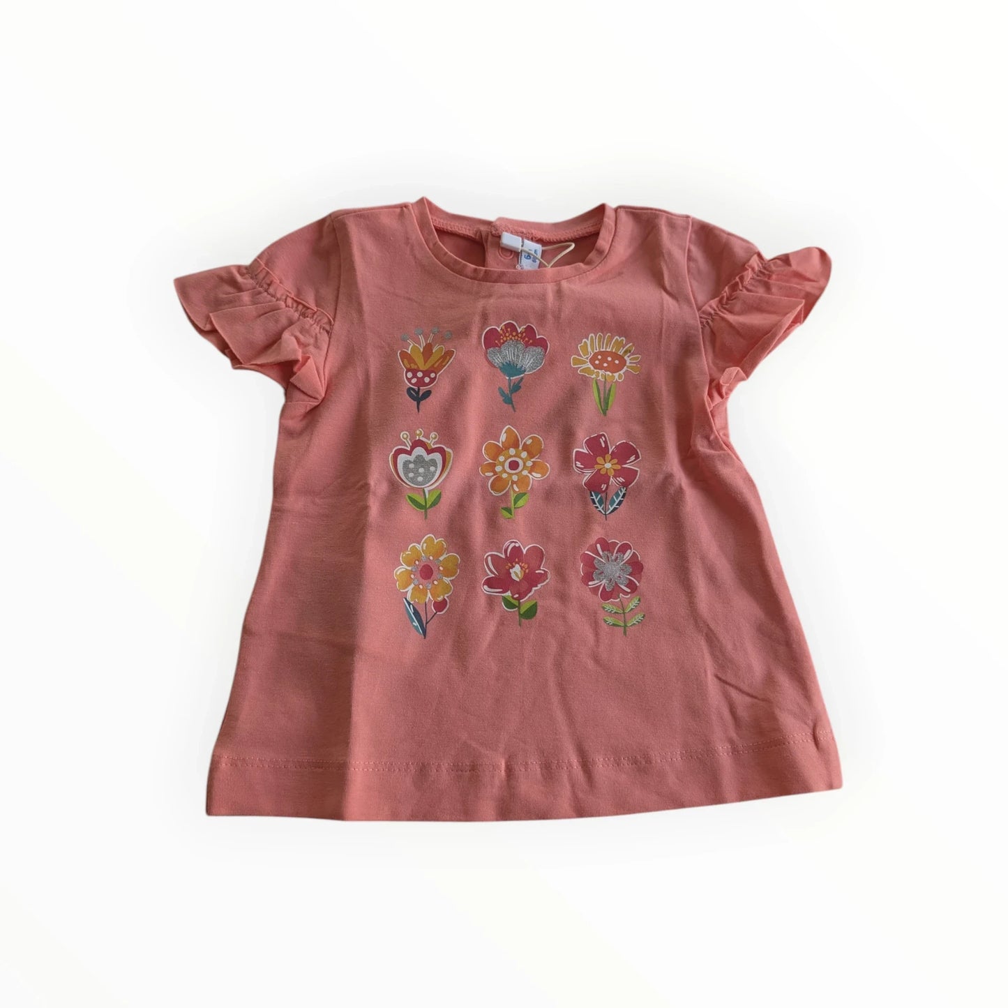 Pierrot Outlet roze katoenen T-shirt met bloemenprint en ruches op de mouwen voor meisjes.