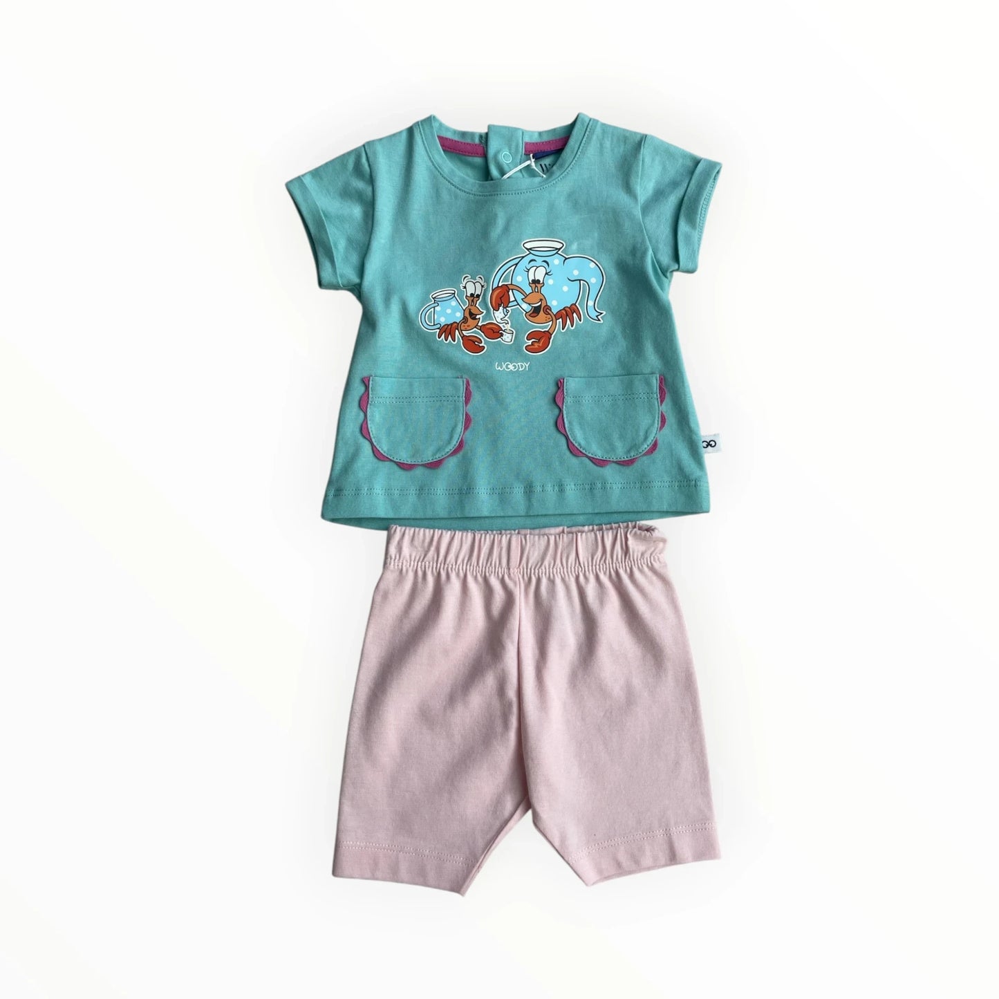 Pierrot Outlet turquoise T-shirt met olifant- en krabprint en roze short, katoen, zomerse babykleding