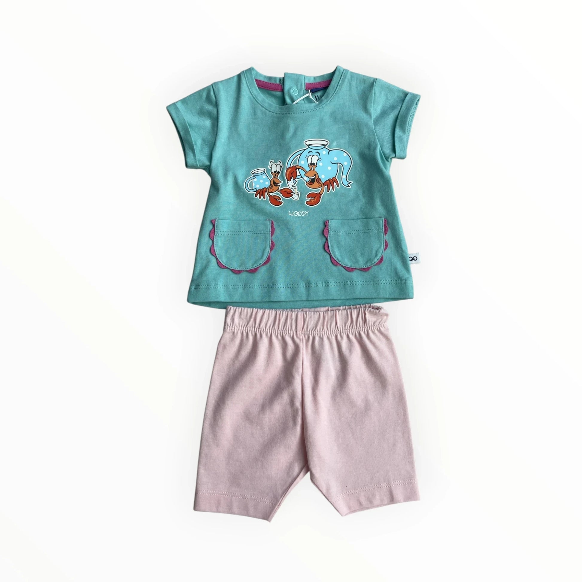 Pierrot Outlet turquoise T-shirt met olifant- en krabprint en roze short, katoen, zomerse babykleding