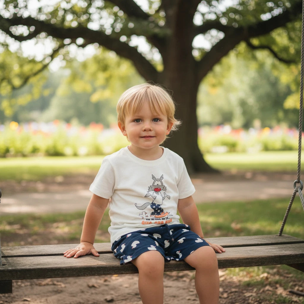 Pierrot Outlet jongen in witte katoenen T-shirt met wolfprint en donkerblauwe shorts met eendjesprint, zittend op een schommel.