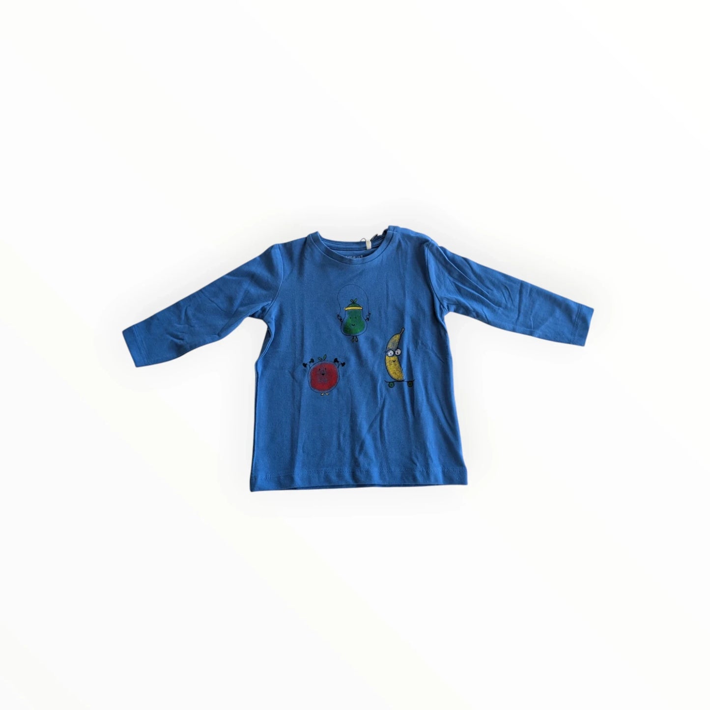 Pierrot Outlet blauw katoenen T-shirt met lange mouwen en fruitprint voor kinderen. Met appel, peer en banaan.