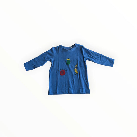 Pierrot Outlet blauw katoenen T-shirt met lange mouwen en fruitprint voor kinderen. Met appel, peer en banaan.
