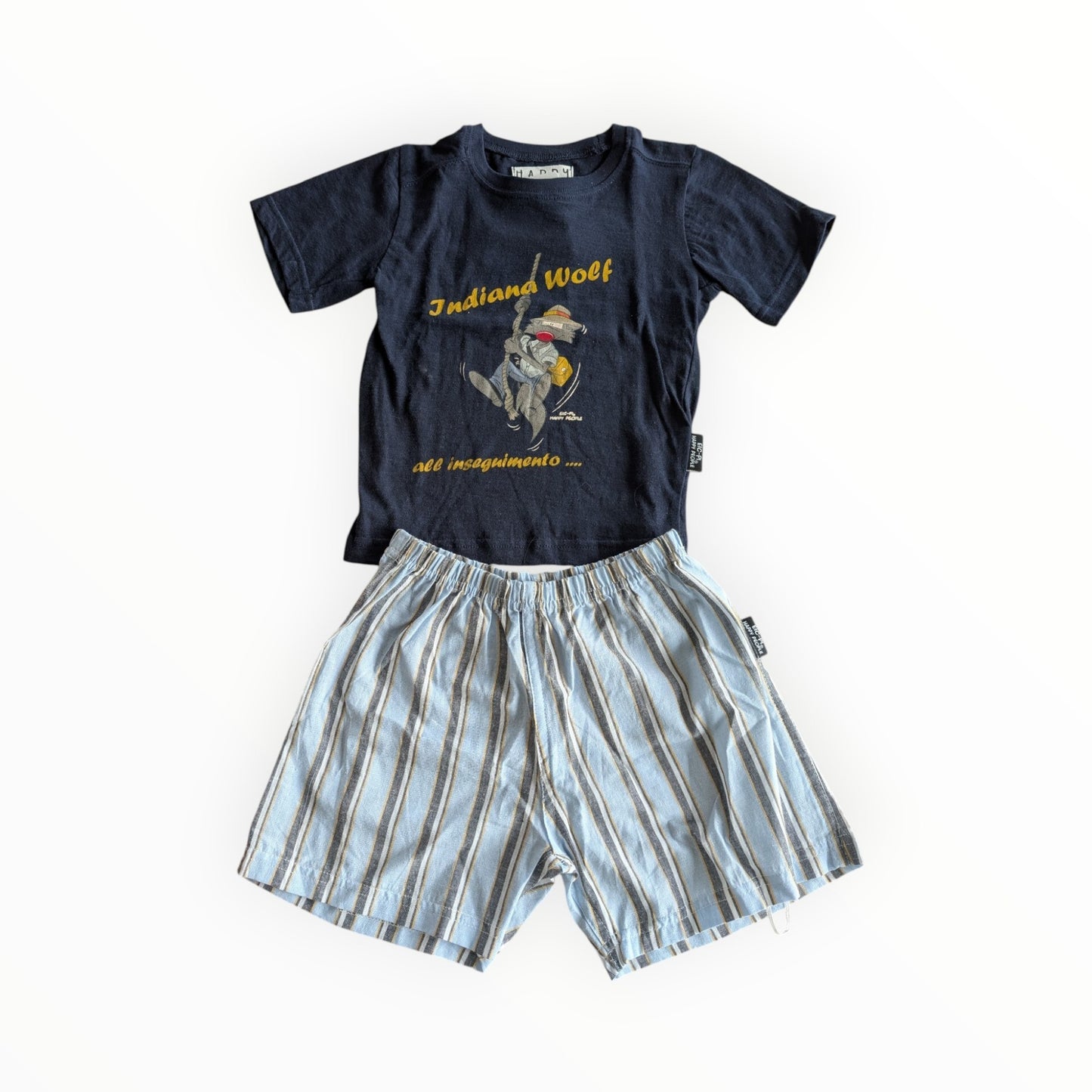 Pierrot Outlet kinder T-shirt en korte broek set, donkerblauw katoen met wolf print en gestreepte short