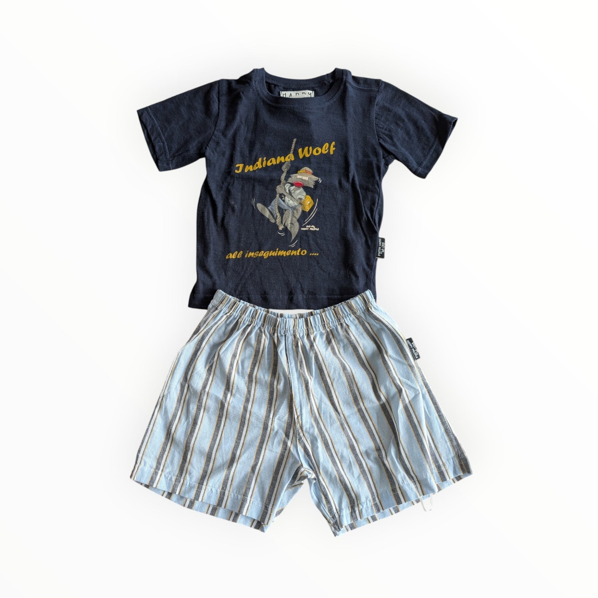 Pierrot Outlet kinder T-shirt en korte broek set, donkerblauw katoen met wolf print en gestreepte short