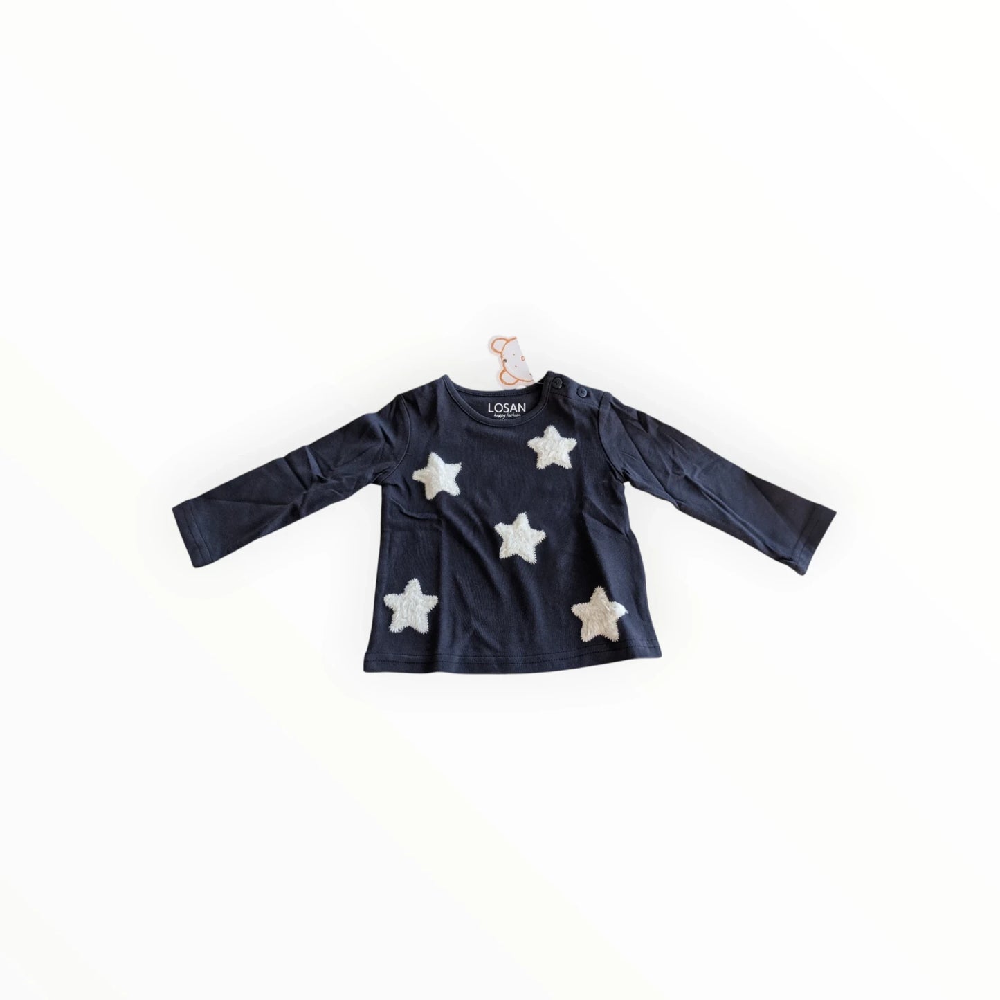 Pierrot Outlet navyblauw katoenen T-shirt met lange mouwen en witte sterrenprint, drukknoopjes op de schouder.