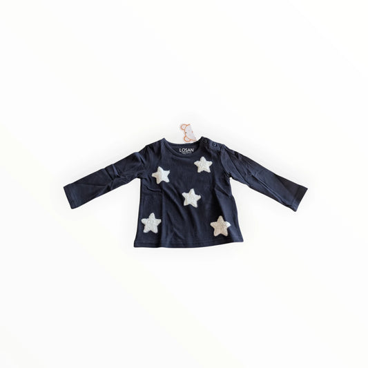 Pierrot Outlet navyblauw katoenen T-shirt met lange mouwen en witte sterrenprint, drukknoopjes op de schouder.