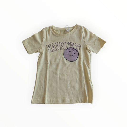 Pierrot Outlet lichtgele katoenen T-shirt met korte mouwen, 'HAPPINESS' print en lachend gezichtje.