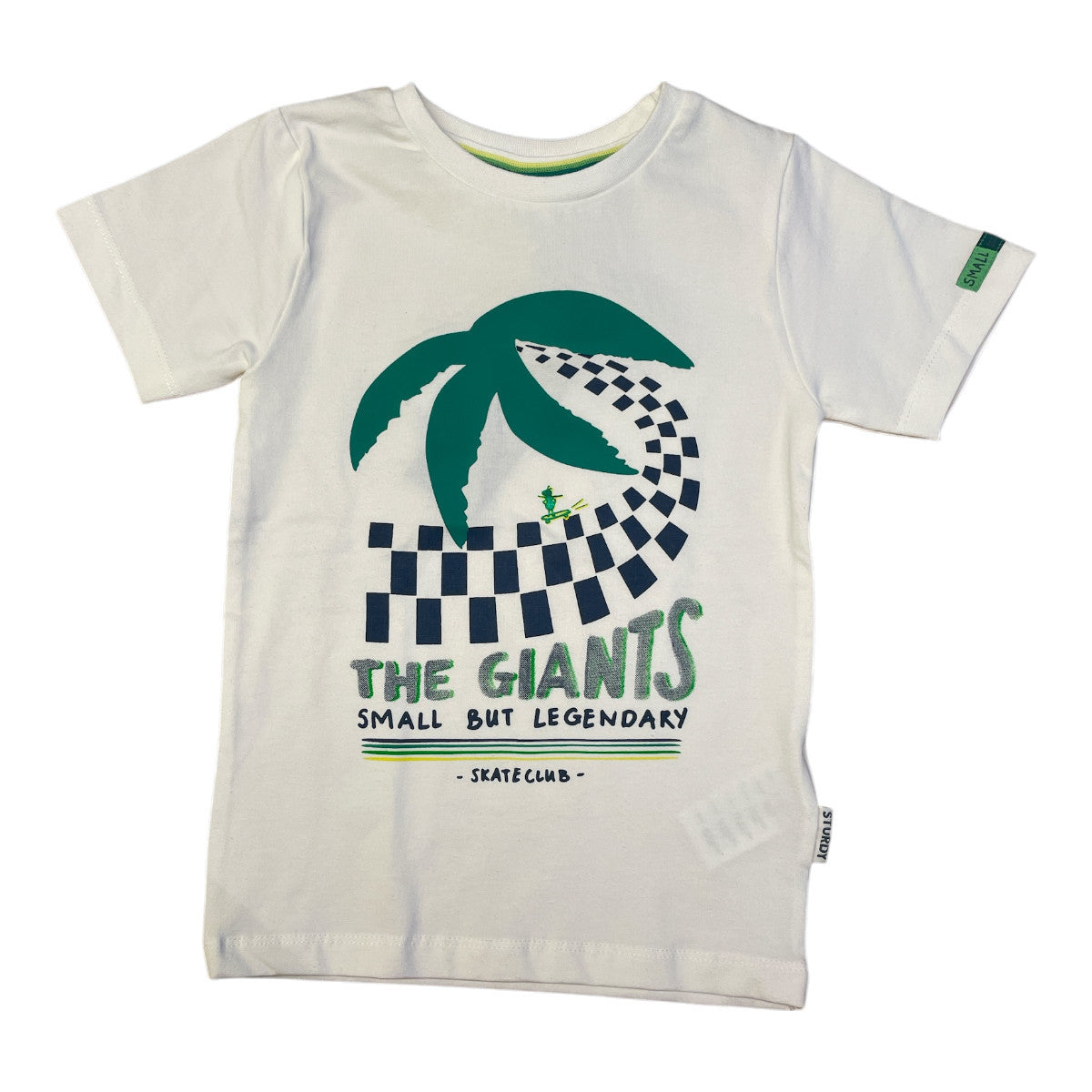 Pierrot Outlet witte katoenen T-shirt voor kinderen met palmboom en schaakbordprint. Tekst 'THE GIANTS SMALL BUT LEGENDARY - SKATE CLUB'.