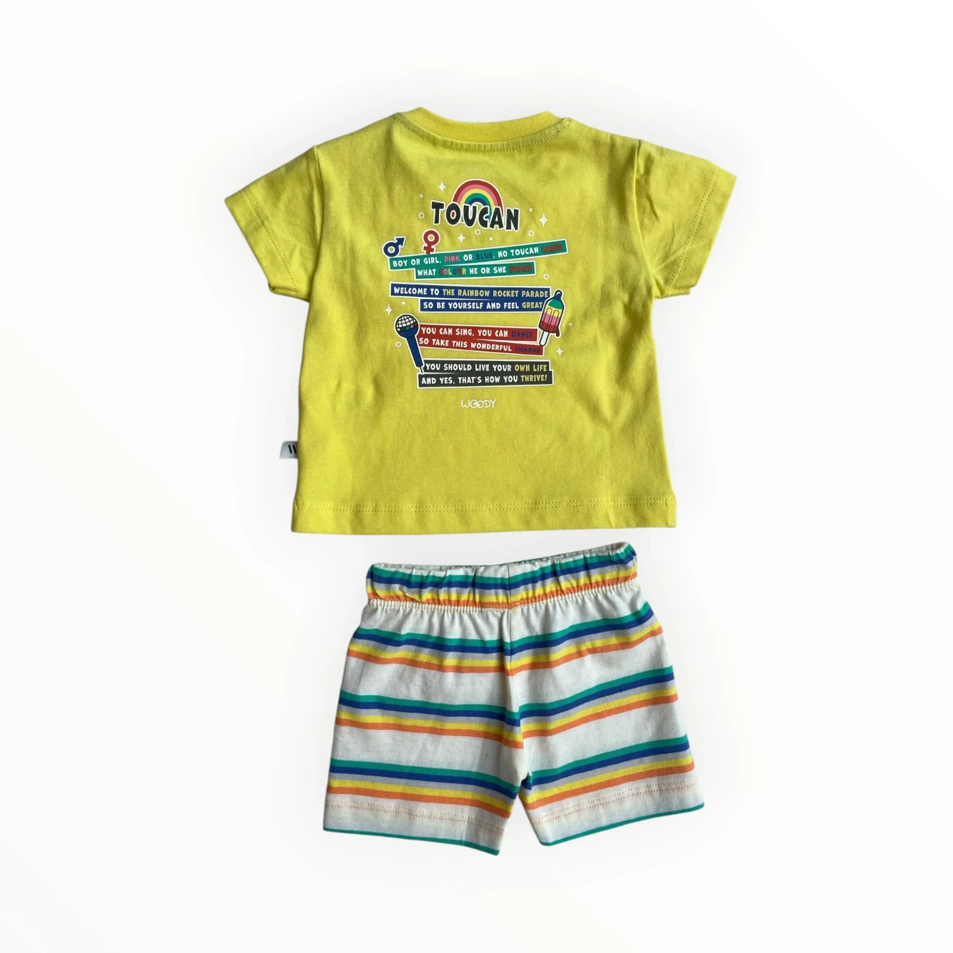 Pierrot Outlet kinder T-shirt en korte broek set, geel katoen met toekan print en gestreepte short.