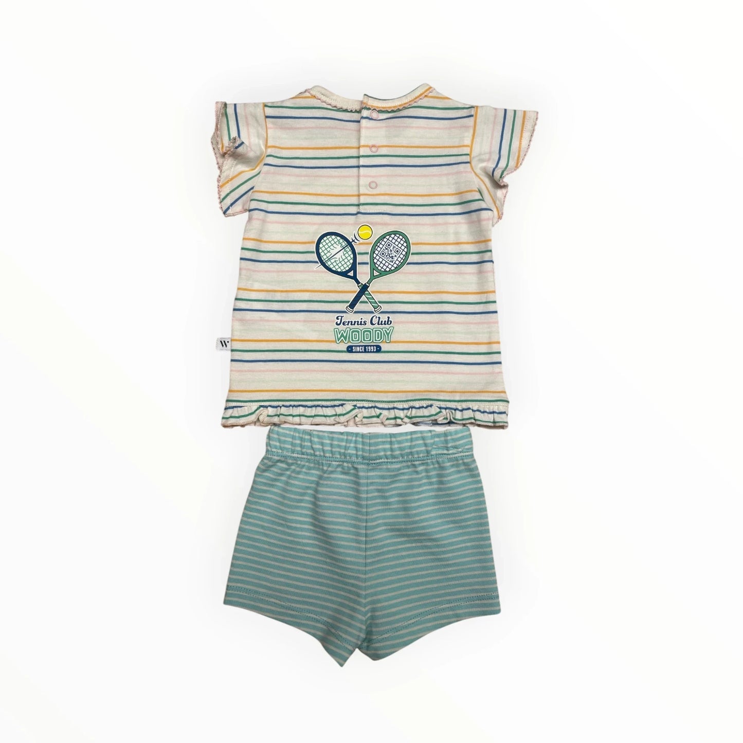 Pierrot Outlet Zomers tennis setje voor kinderen: gestreept T-shirt met tennisprint en turquoise short met streepjes. Katoen.