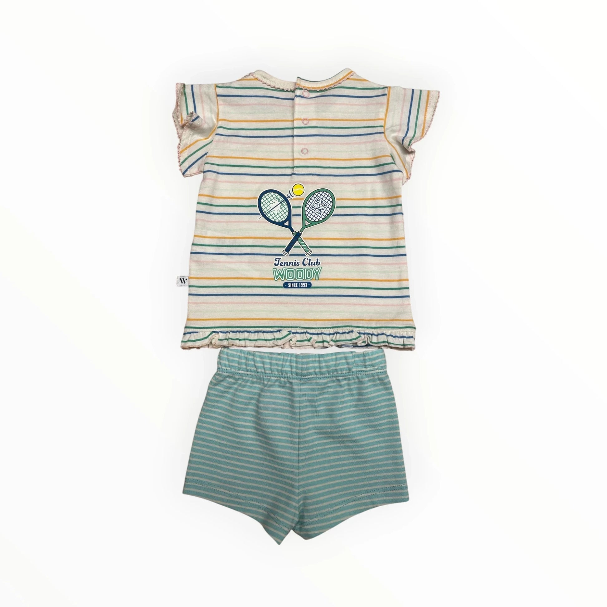 Pierrot Outlet Zomers tennis setje voor kinderen: gestreept T-shirt met tennisprint en turquoise short met streepjes. Katoen.