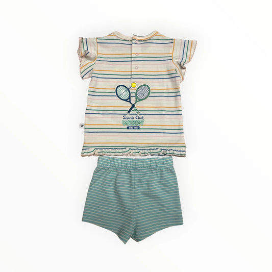Pierrot Outlet Zomers tennis setje voor kinderen: gestreept T-shirt met tennisprint en turquoise short met streepjes. Katoen.