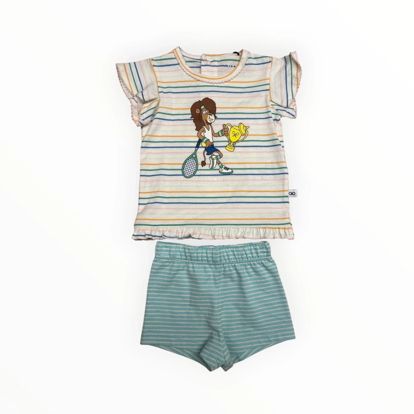 Pierrot Outlet Zomerse tennis set voor kinderen met streepjes, T-shirt met ruches en tennisprint, turquoise short met streepjes. Katoen.
