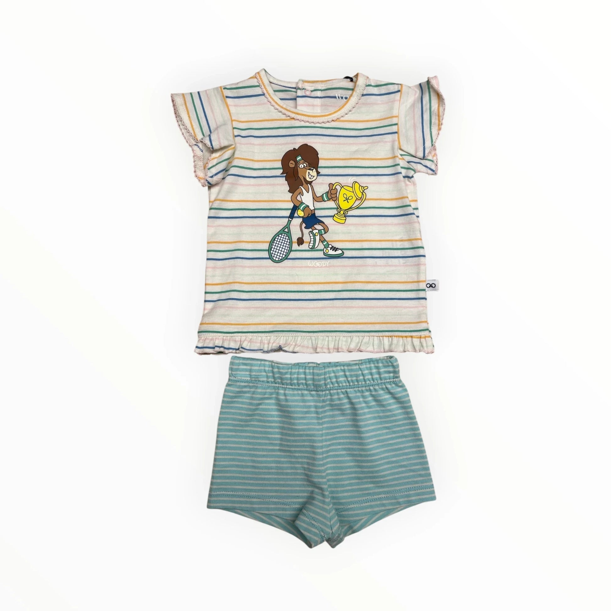 Pierrot Outlet Zomerse tennis set voor kinderen met streepjes, T-shirt met ruches en tennisprint, turquoise short met streepjes. Katoen.
