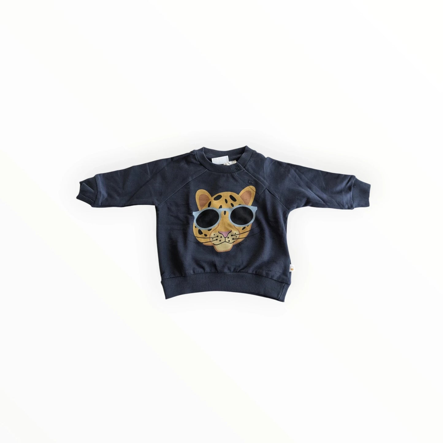 Pierrot Outlet donkerblauwe katoenen sweater voor kinderen met luipaardprint en zonnebril