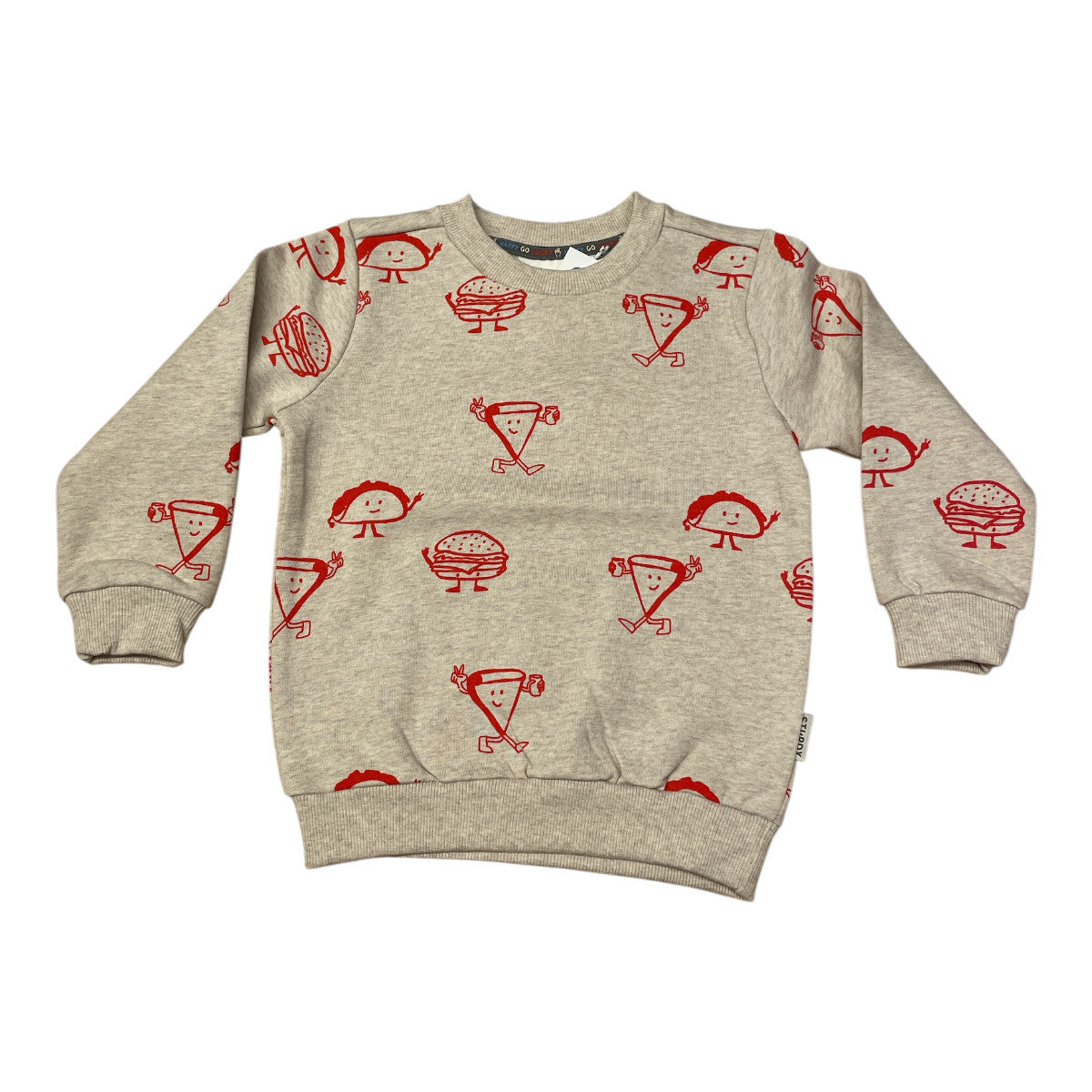 Pierrot Outlet grijze sweater met lange mouwen en all-over print van rode taco's, hamburgers en pizzapunten.