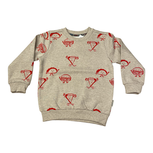 Pierrot Outlet grijze sweater met lange mouwen en all-over print van rode taco's, hamburgers en pizzapunten.
