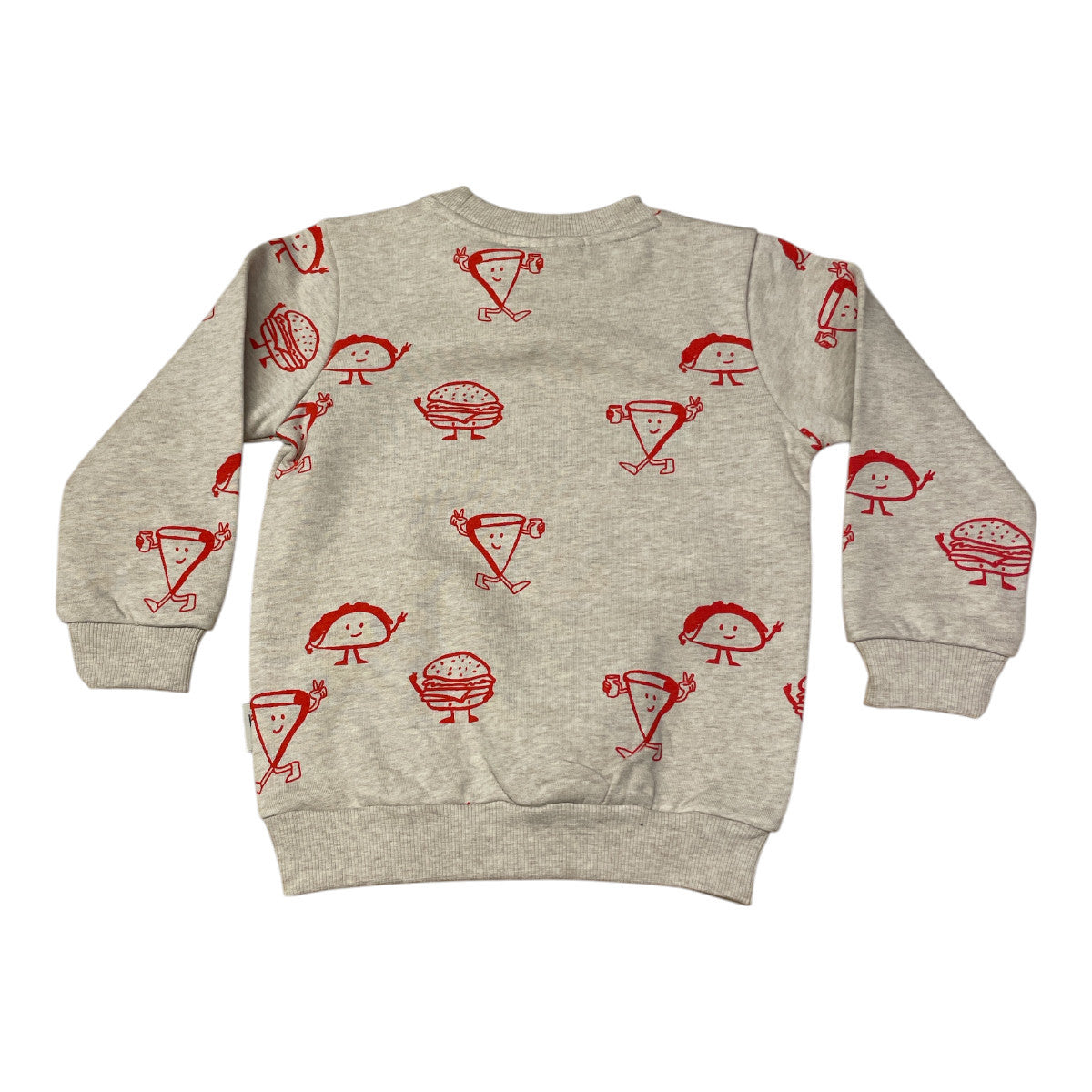 Pierrot Outlet grijze sweater met lange mouwen en all-over print van rode taco's, hamburgers en pizzapunten.