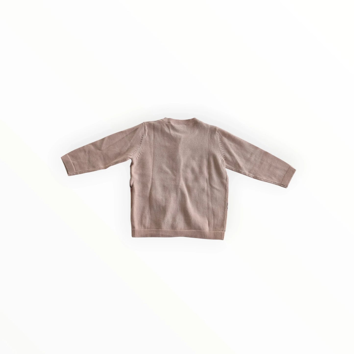 Pierrot Outlet gebreid vest met bloemenprint voor kinderen, zacht roze met rode bloemen, knoopsluiting, geribbelde manchetten en zoom.